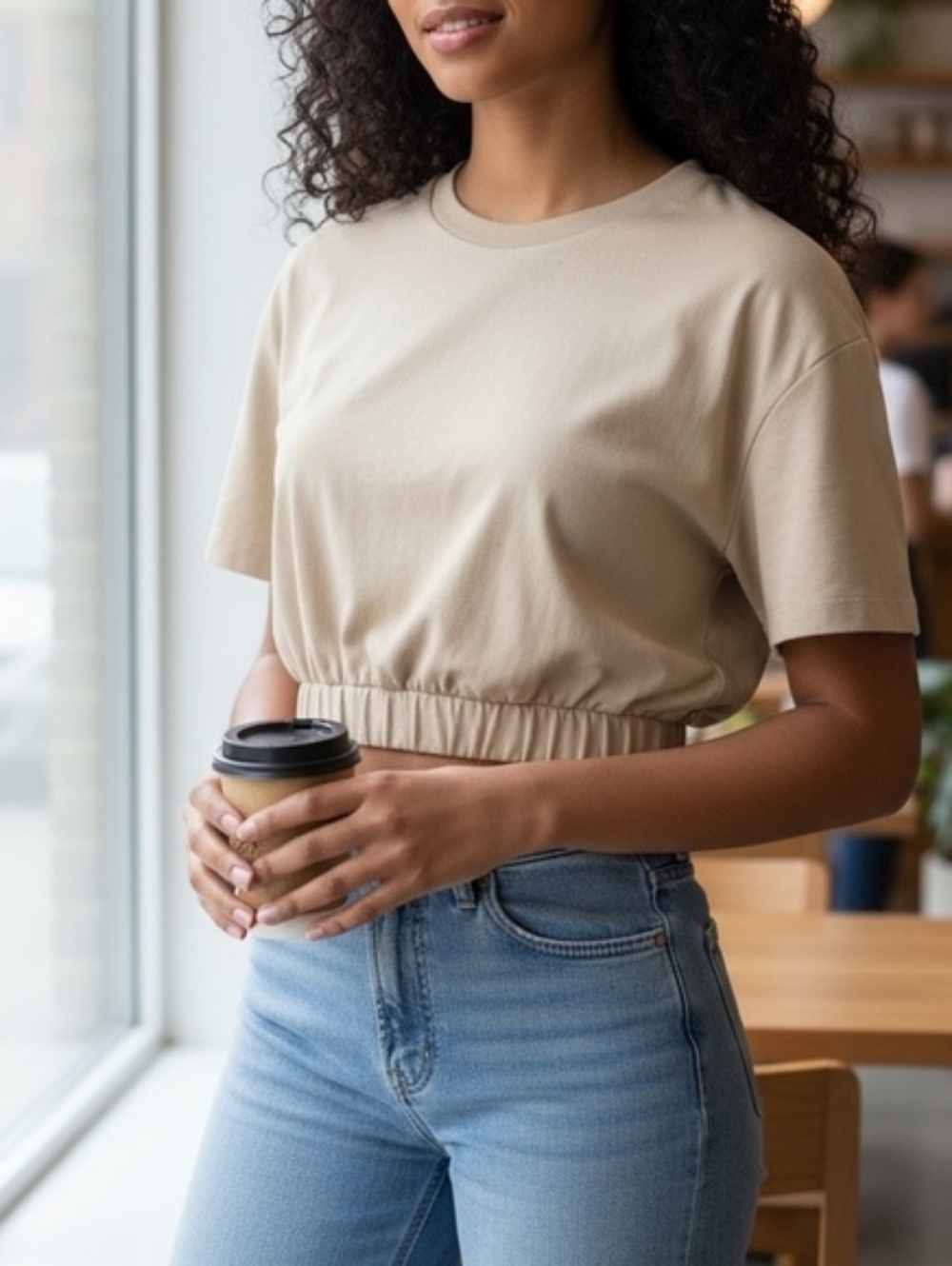 Zara Beige Cropped Elastic Hem Sweatshirt Top Size M